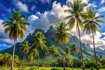 Obraz premium Tropical paradise featuring coconut trees, blue sky, white clouds, and mountains of Moorea