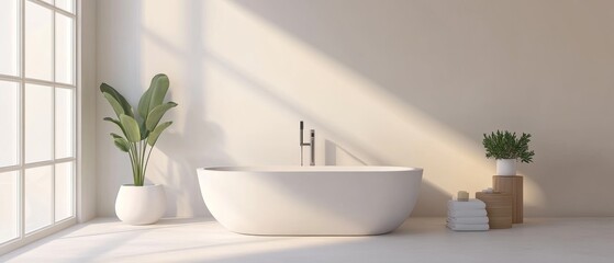 A white bathtub sits in a bathroom with a window and a potted plant