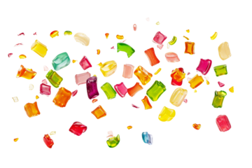 Multicolored Jelly Pieces in Various Shapes Descending in Air Isolated on Transparent Background