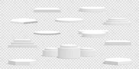 Set of white blank podiums on transparent background. Pedestals. Scene. Vector illustration.