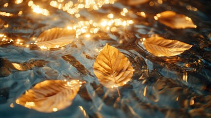 Golden yellow leaves float on water, basking in sun rays, highlighting the rich colors of autumn's beauty