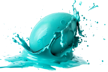 Vibrant Rugby Ball Splashing in Turquoise Paint Isolated on Transparent Background