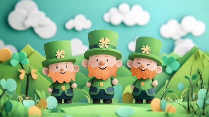 Naklejka premium A cheerful leprechaun in a green hat celebrates St Patrick's Day with shamrocks and a pot of gold, capturing the festive spirit of Ireland