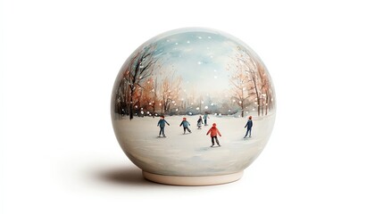 Decorative snow globe depicting winter ice skating scene, white isolated background.