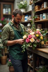 A male florist arranging a bouquet of flowers in a small shop.