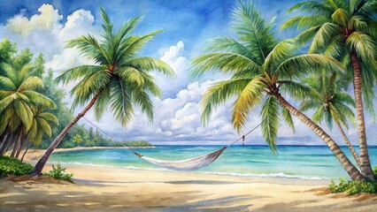 Obraz premium Tropical paradise watercolor with white sand, palm trees, and hammock reflected