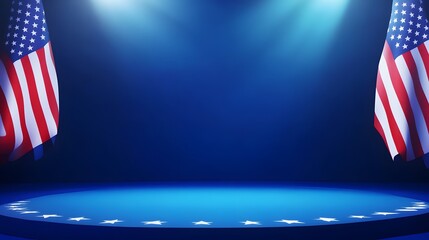 American presidential campaign concept, large banner with subtle flag elements on the edges, free space along the bottom for messaging, vibrant blue background with slight texture