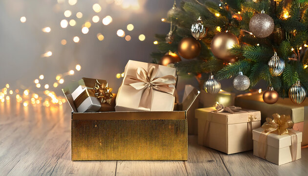 Gifts are placed in a decorated Christmas box near the tree. _1(265)