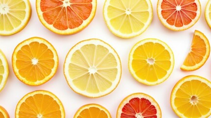 Obraz premium Various citrus fruits, such as oranges, lemons, and grapefruits, are sliced in half and arranged in a circular pattern.