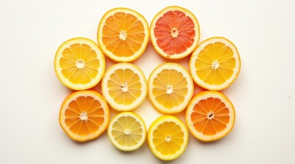 Fototapeta premium Various citrus fruits, such as oranges, lemons, and grapefruits, are sliced in half and arranged in a circular pattern.