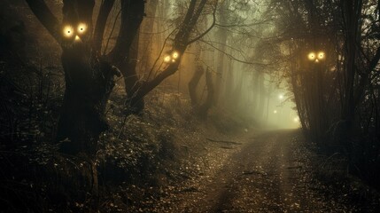 Obraz premium A haunted forest path, with ghostly whispers in the air and glowing eyes peering from the darkness