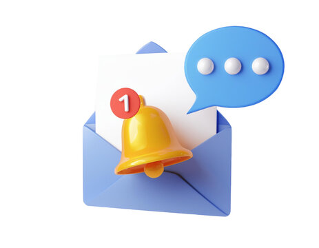 3D Opened letter in envelope with bell notification and blue speech bubble messages. Email contact and communication. Business and office cartoon emoji icon. Newsletter concept. 3D Vector illustration