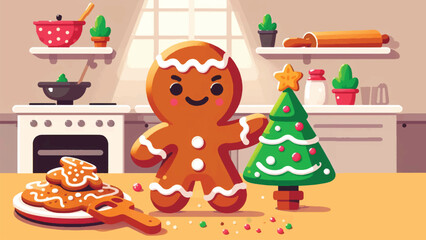 Naklejka premium A gingerbread character with frosting details, decorating a tiny Christmas tree and baking cookies 