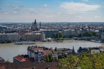 Fototapeta premium Budapest downtown - drone aerial video of the Hungarian capital. Buda and Danube river at sunrise. Aerial drone view of the Budapest city. Drone view of the capitol city Budapest.