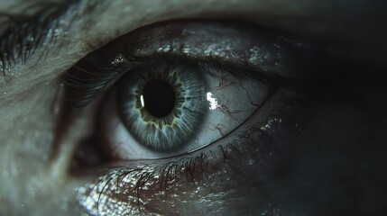 close up view of human grey eye looking at camera, panoramic shot