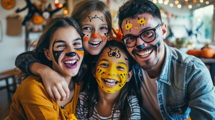 Fototapeta premium A family having fun face painting for Halloween, with colorful paints and spooky designs,