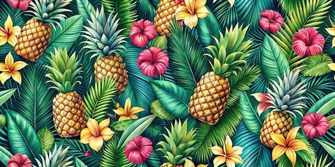 Tropical pattern featuring palm leaves, pineapples, and exotic flowers with selective focus depth of field