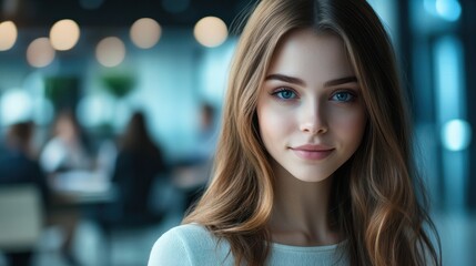 Close-up portrait of pretty female manager from sales department. Indoor photo of smiling girl working in office with discussing people on background.