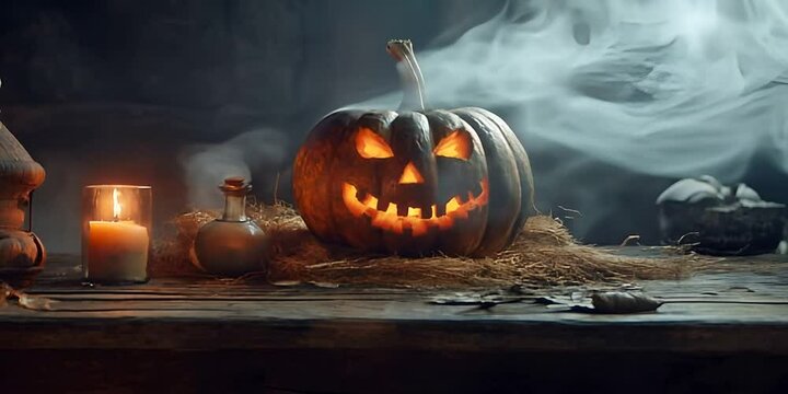 Una calabaza y una linterna de Halloween se encuentran sobre una mesa de madera, rodeadas de humo en una habitaci&oacute;n oscura, creando una atm&oacute;sfera espeluznante de Halloween.	