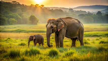 Fototapeta premium Mother and Baby Elephants Grazing in Udawalawe National Park, Sri Lanka - Minimalist Nature Photography