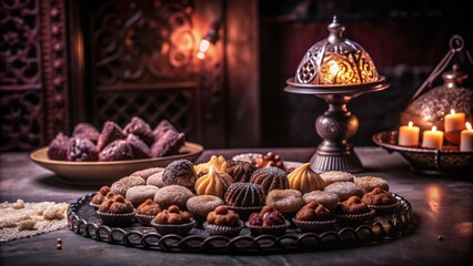Naklejka premium Muslim Holiday Sweets: Moroccan Chebakia, Chak-Chak, and Handmade Nath in Low Light Photography