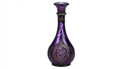 An ornate purple glass vase featuring mystical designs, perfect for adding a touch of elegance and intrigue to any decor.