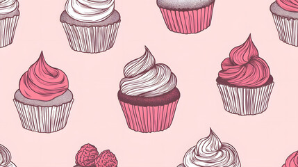 Seamless cupcake pattern featuring colorful desserts like chocolate and strawberry, perfect for a birthday or celebration theme