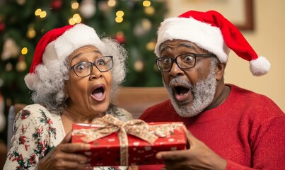 A surprised African-American elderly couple in Santa's hats shares Christmas gifts