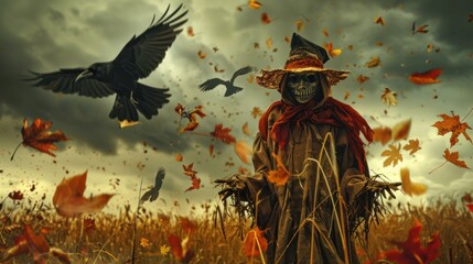 A creepy scarecrow in an autumn field, surrounded by crows and fallen leaves, with a stormy sky overhead