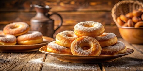 A Stack of Golden Brown Donuts Dusted with Powdered Sugar on a Wooden Plate and Rustic Table