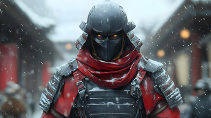 Naklejka premium Samurai Warrior in Snowy Setting - 3D Illustration