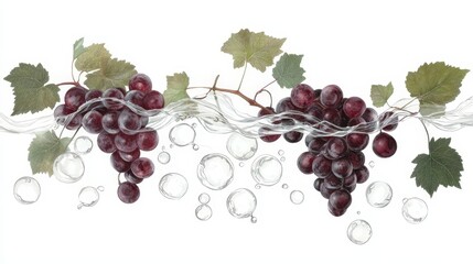 Fototapeta premium Fresh Red Grapes in Water Splash with Bubbles and Vine Leaves