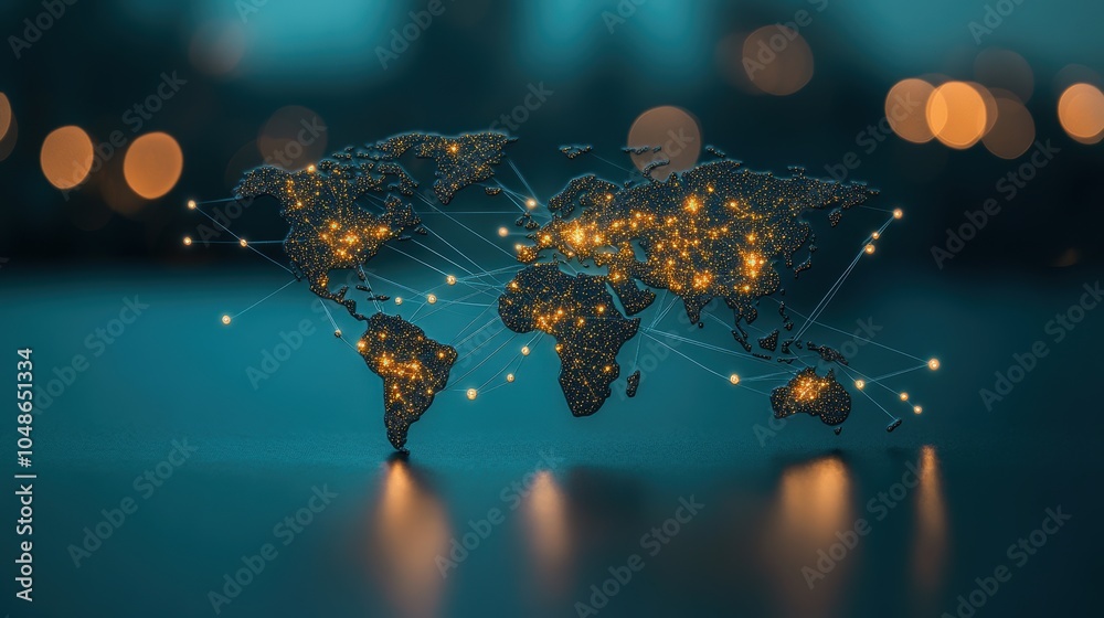 Poster a global map with lines connecting different continents, representing global communication networks.