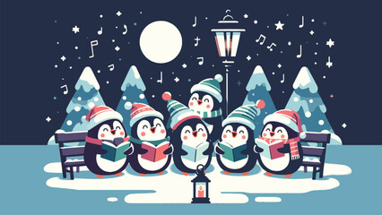 Naklejka premium A group of penguins in festive hats singing carols on a snowy street, holding music sheets. A lantern glows above them, and little stars twinkle in the night sky 