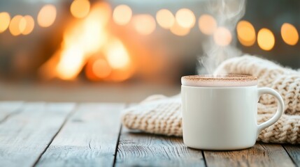 A steaming mug of hot chocolate sits on a wooden table beside a crackling fireplace, surrounded by cozy blankets.