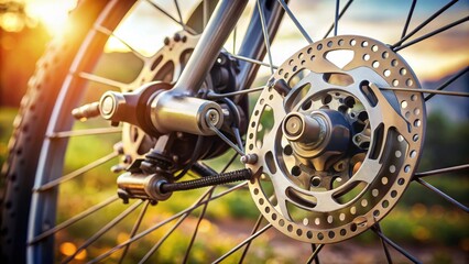 A close-up of a bicycle's rear disc brake system, showcasing the intricate details and mechanisms designed for smooth and controlled stopping power.