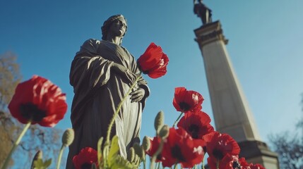 A field of vibrant poppies adorning a war memorial, symbolizing remembrance day, honoring sacrifices made by brave individuals in service of their country, evoking deep emotion of loss and gratitude