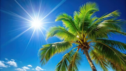 Tropical plant and palm tree under a bright sun in paradise against a clear blue sky