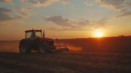 Fototapeta premium Tractor plowing fertile fields at dawn, sowing grain under a stunning sunrise, capturing the essence of farming life and agricultural practices in a serene rural landscape