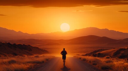 Man Running Towards Sunrise in Desert Landscape