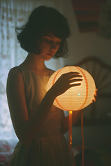 Woman standing with a paper lantern in her hands.