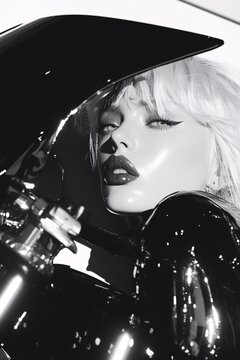 black and white super model on motorcycle, artistic style, fashion poser, fashion editorial photo.
