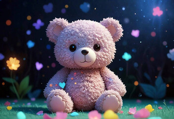 Fototapeta premium A teddy bear sits on a soft rug, creating a festive and joyful atmosphere