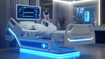 Futuristic Smart Hospital Bed with Biometric Sensors and Touchscreen Data Display