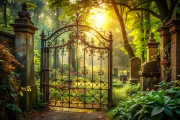 Obraz premium Old Iron Gate Cemetery Entrance in Nature - Haunting Double Exposure Photography
