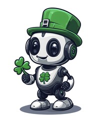 Obraz premium Lucky Robot Wearing Green Leprechaun Hat Holding Shamrock