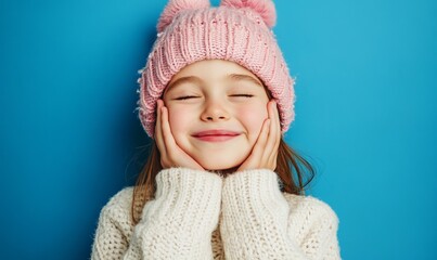 Portrait of lovely girl with pleased facial expression touches both cheeks, keeps eyes shut, wears pink hat and white sweater, enjoys winter time poses against blue background