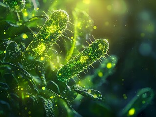 Fototapeta premium Glowing Bioengineered Bacteria Producing Green Renewable Energy in Eco Friendly Biotechnology Concept