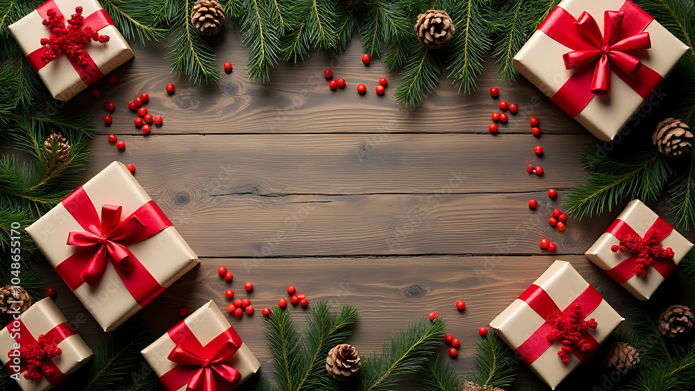 Aufkleber Flat lay of Christmas gifts on wooden table with pine branches and cones in top view with empty space around.