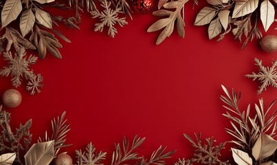 Red Christmas holiday background. Copy space for text with a garland of golden leaves and snowflakes. Design element for Christmas and New Year card